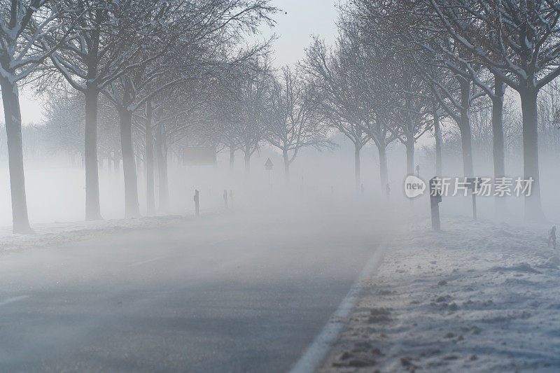 公路在一个有雾的冬天的早晨