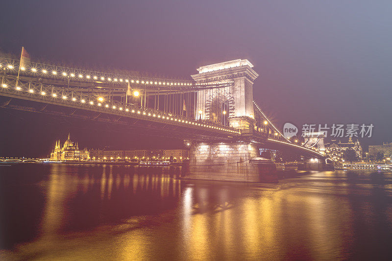 链桥议会夜灯布达佩斯低角匈牙利