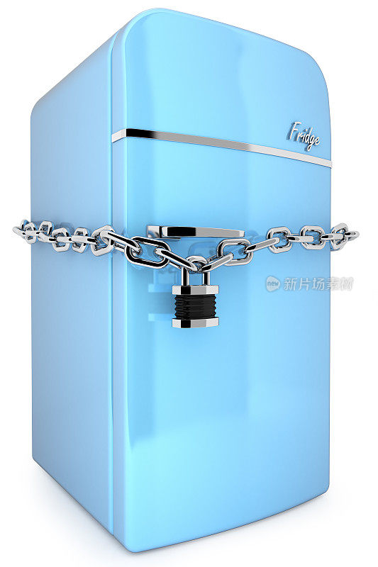 复古蓝色冰箱和连锁3d