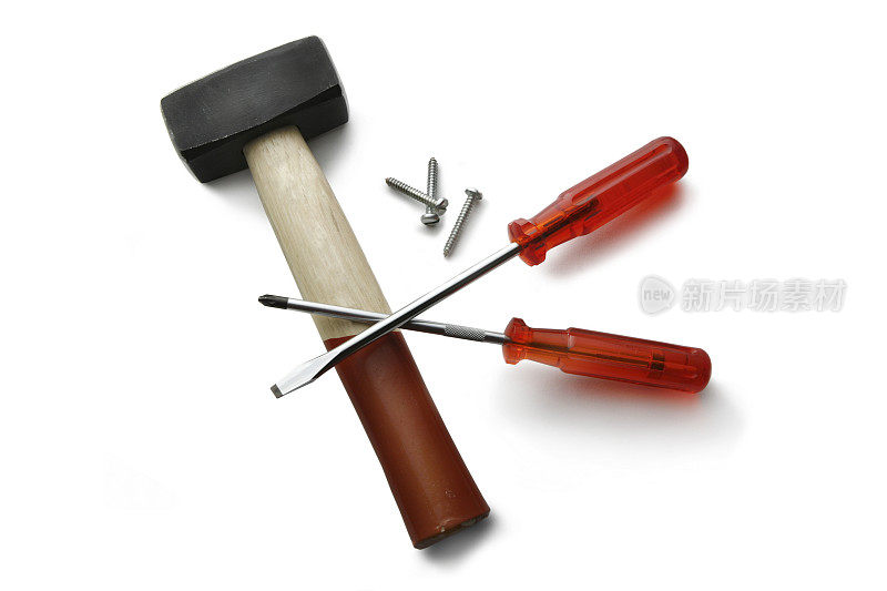 工作工具:锤子，螺丝刀和螺钉隔离在白色背景