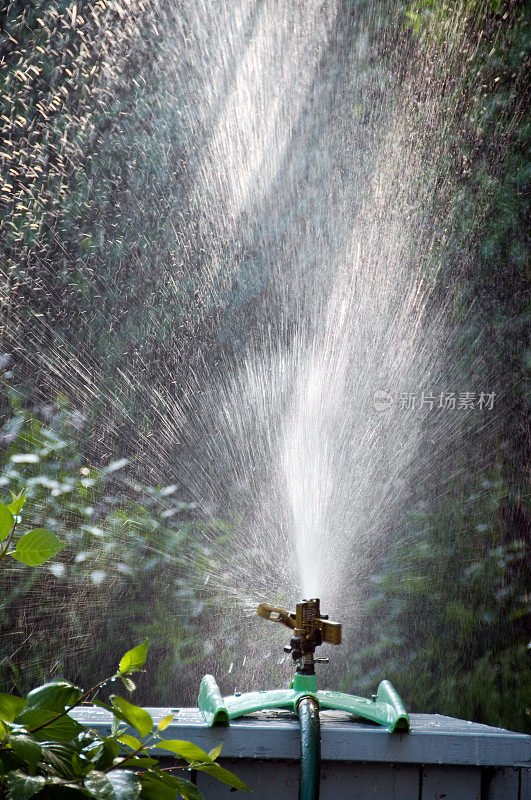 花园洒水车喷水的近景