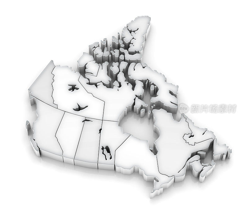 白色3D加拿大地图与国家在白色的背景