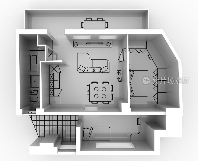 一个空房子平面图的3D蓝图