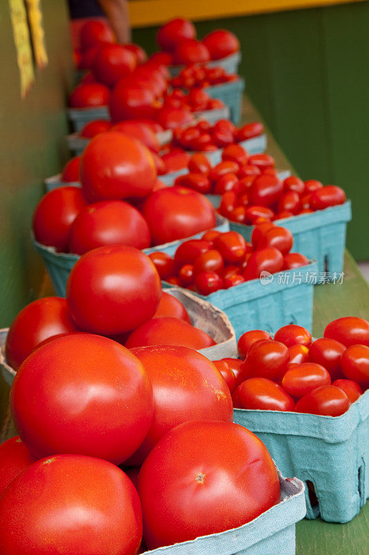 西红柿排在路边的蔬菜摊上