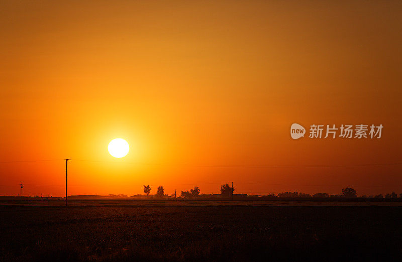 夕阳在加利福尼亚中部的田野上