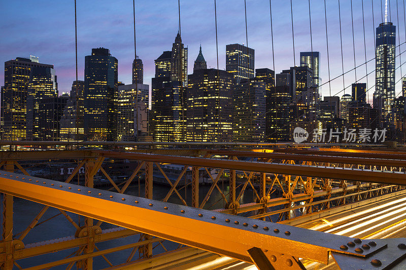 纽约天际线，暮光下从布鲁克林大桥眺望