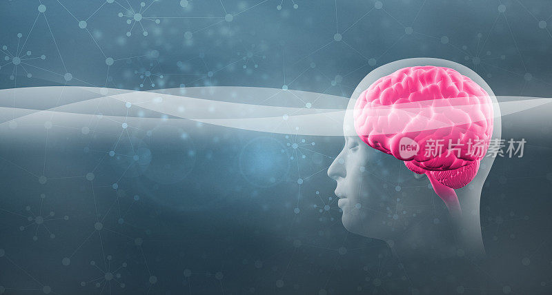 人的头部有可见的大脑和脑电波，连接