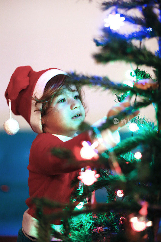 小男孩在客厅里装饰圣诞树