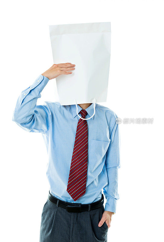 商人在白色背景下的纸袋面具