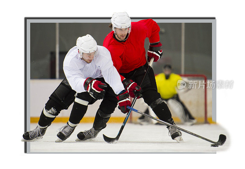 两名冰球运动员决斗，相框照片与3D效果
