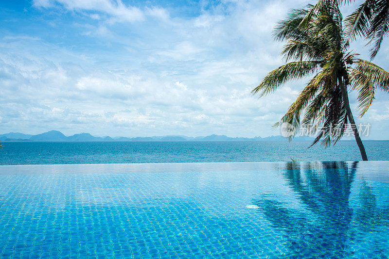游泳池俯瞰大海和椰子树。苏梅岛在泰国。