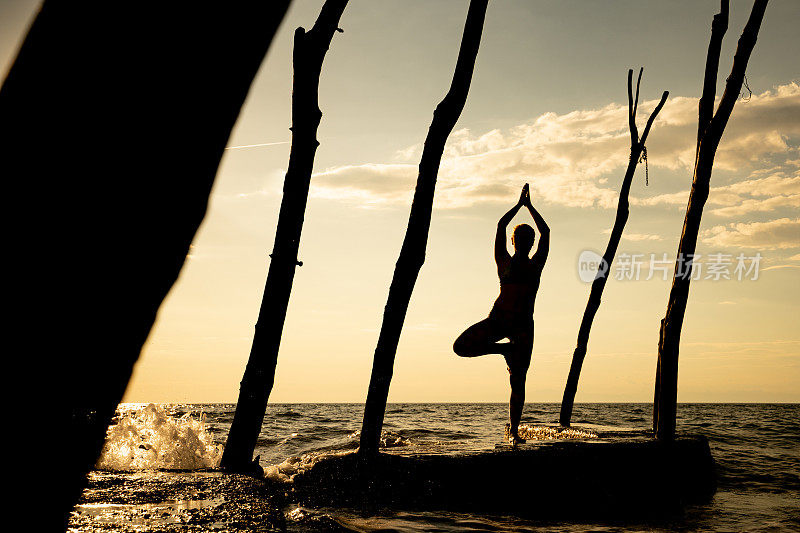 海岸线上日落时，年轻女子在瑜伽树上摆姿势