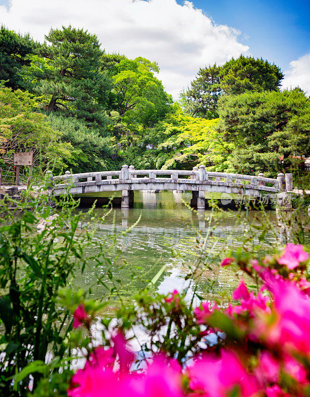 日本花园池塘上的石桥