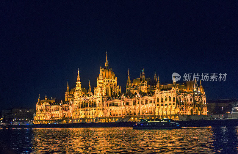 布达佩斯的匈牙利议会大厦和多瑙河。晚上的城市