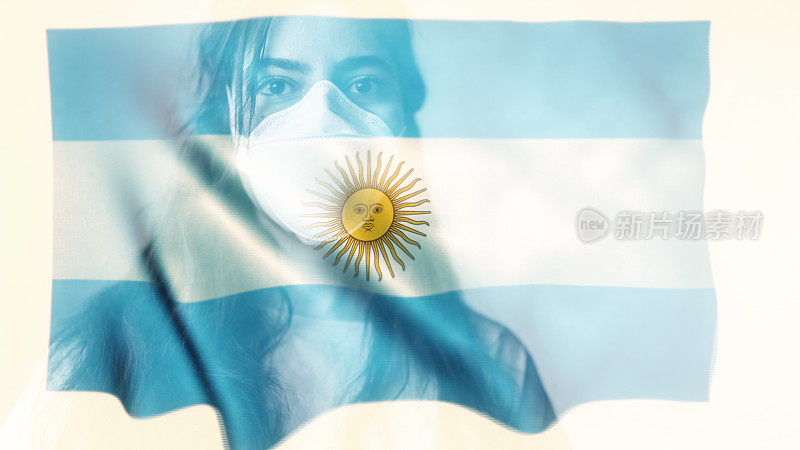 冠状病毒2019-nCov背景概念耐心地戴着阿根廷国旗覆盖的防护面具。