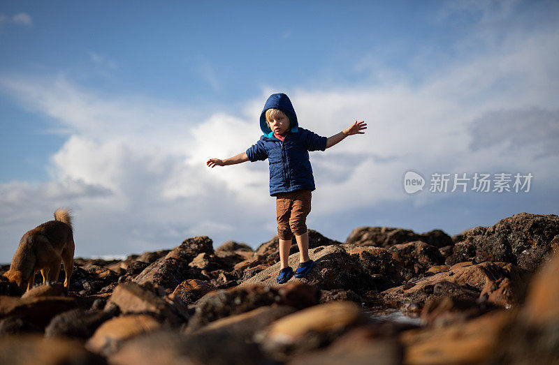 一个小男孩在海滩上探索岩石池
