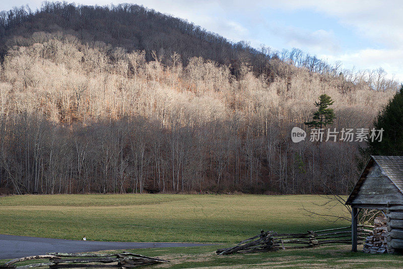 古老的原木建筑，夕阳在森林和小山的背景。