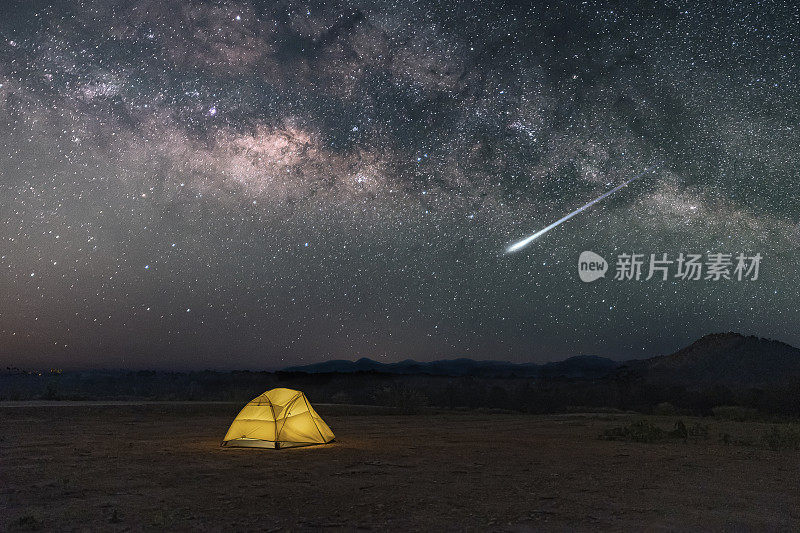黄色帐篷下的银河与流星在沙漠在泰国北部的乡村，星星上方的夜晚山区森林和一个发光的露营帐篷。