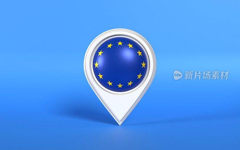 蓝色背景，白色地图指针上的欧盟旗帜