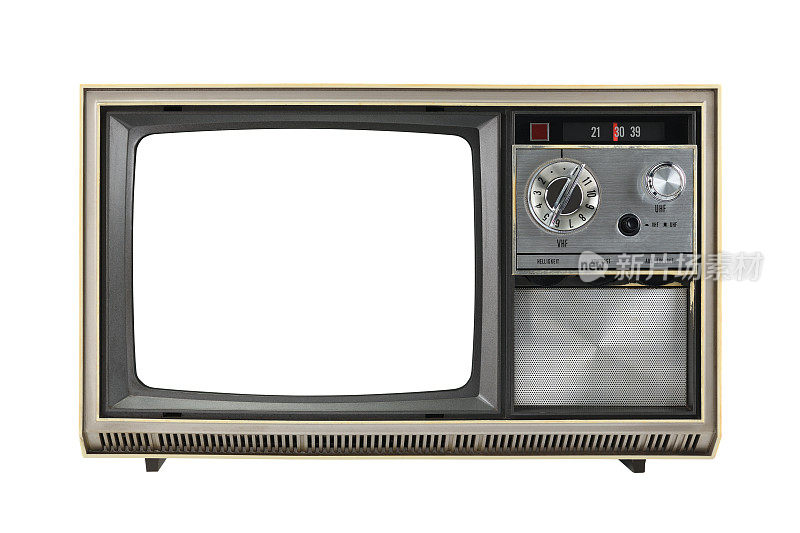 上世纪70年代的老电视，白屏隔离在白底上。上世纪60年代，70年代，80年代，90年代，2000年代。
