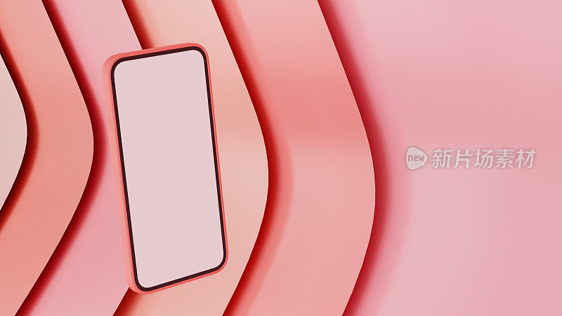智能手机模型屏幕飞行在粉色抽象背景，3D渲染