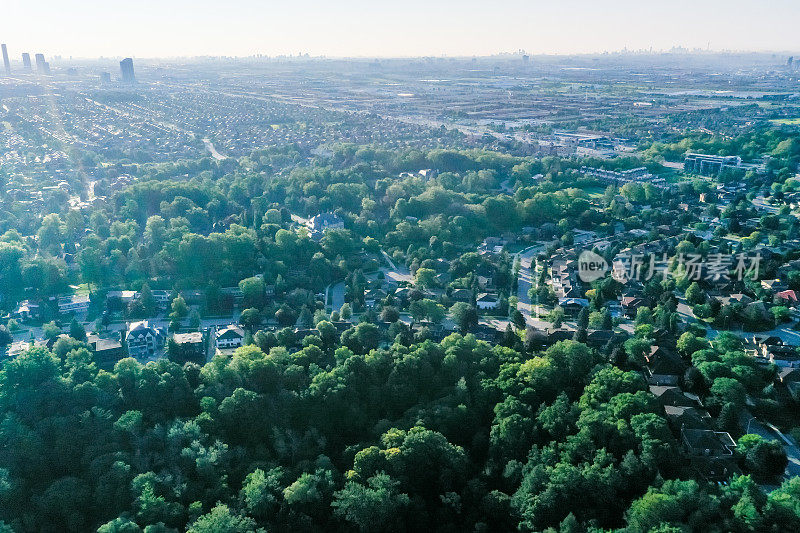 加拿大沃恩，伍德布里奇，伊斯灵顿大街的住宅分区鸟瞰图，独立和复式住宅