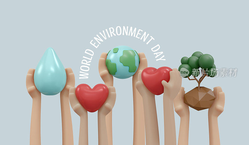 三维渲染手握树地球水滴心图标概念世界环境日背景，横幅，卡片，海报。3D渲染插图卡通风格。