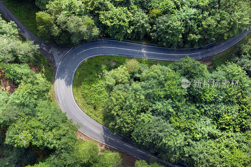 蜿蜒的道路穿过森林——鸟瞰