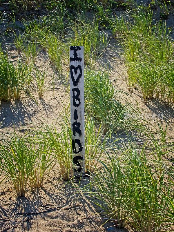 我爱鸟，这是马萨诸塞州梅姆岛受保护的草地沙丘上的一个标志