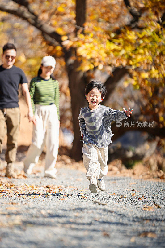 秋天，一家三口一起去郊游，他们的儿子开心地跑着，笑着