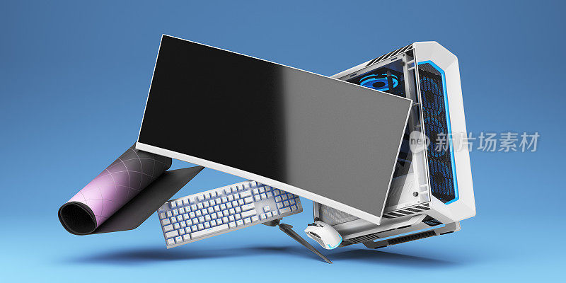 电脑游戏电脑霓虹灯未来蓝色背景3d渲染图像