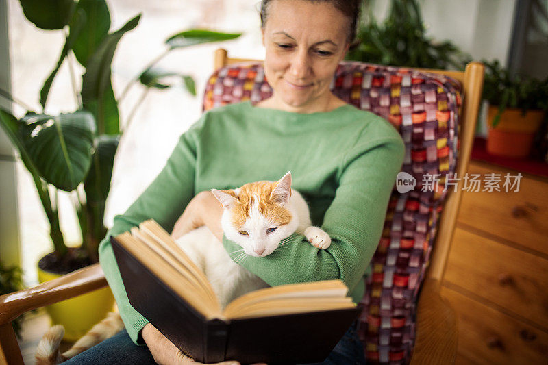 女人坐在阳台上，把漂亮的猫抱在膝上