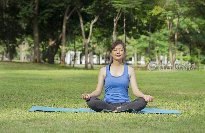 年轻迷人的亚洲女人坐在matt和做瑜伽在公园的自然氛围