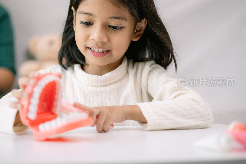 一个小女孩正在玩一个牙齿模型，把它举到嘴边