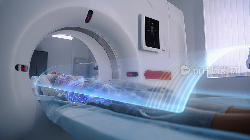 女性接受MRI或CT扫描诊断。扫描的VFX动画