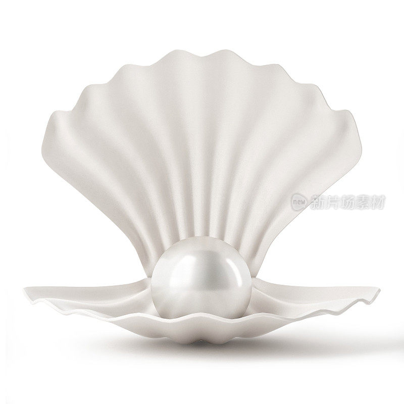 3d白色贝壳与珍珠孤立在白色背景