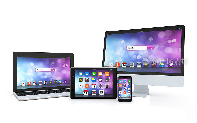 笔记本电脑、平板电脑、台式电脑、智能手机、应用程序屏幕