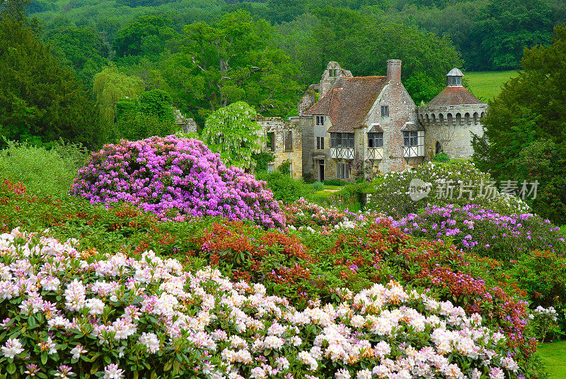 古英格兰城堡，周围有许多树木和鲜花