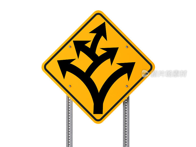 黄色分道或前方交通标志在白色