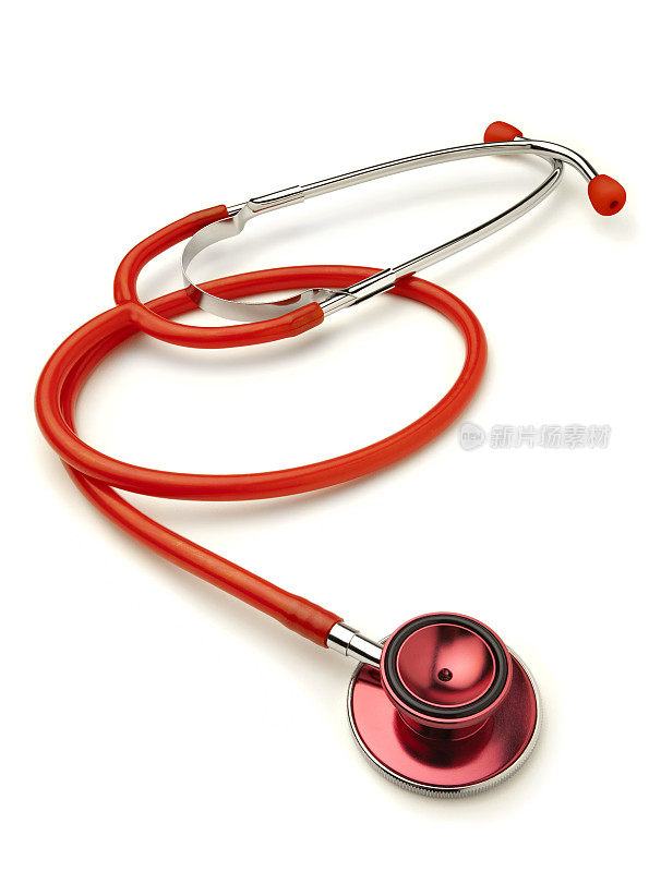医生的红色听诊器在纯白色的背景，保健
