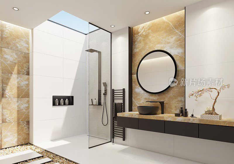 豪华白色浴室与金色缟玛瑙和大胆的黑色细节