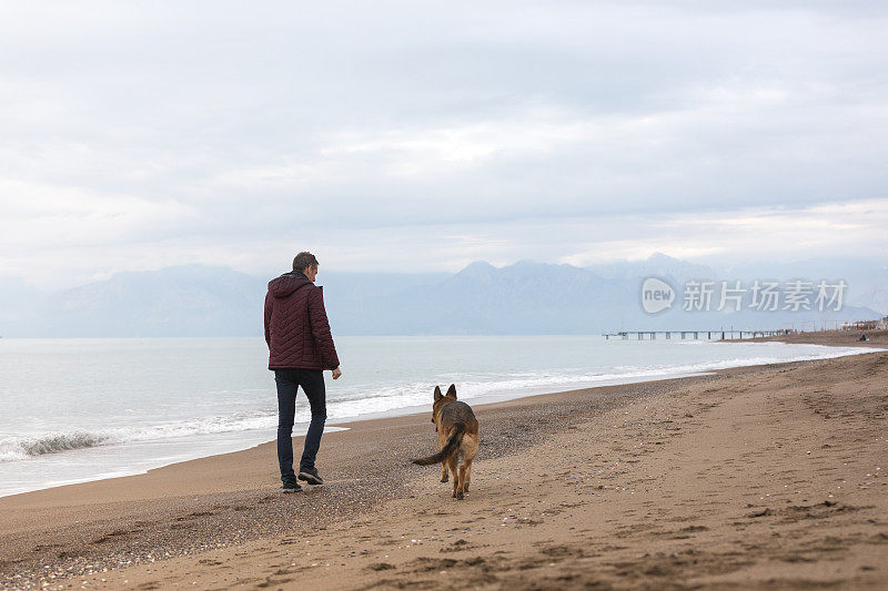 海滩上的年轻人和他的狗