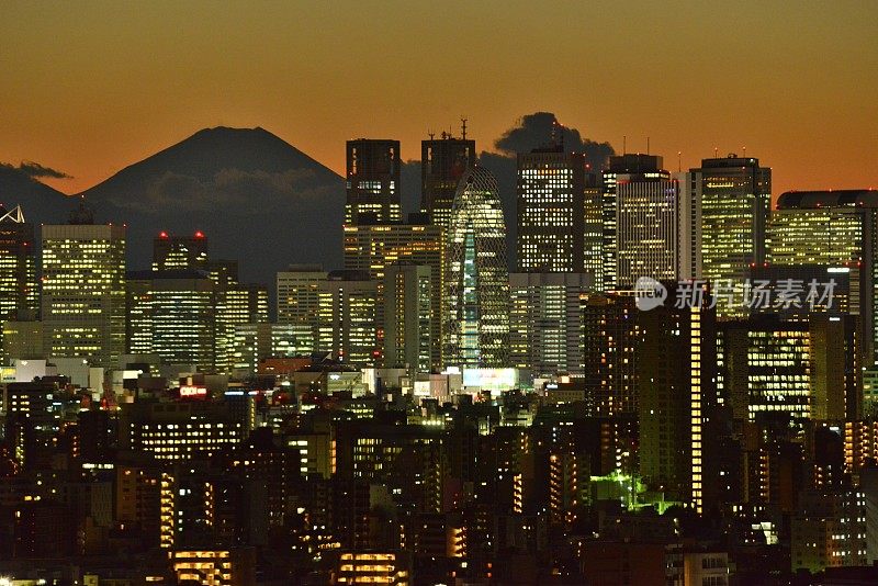 富士山和东京的天际线:白天和黑夜