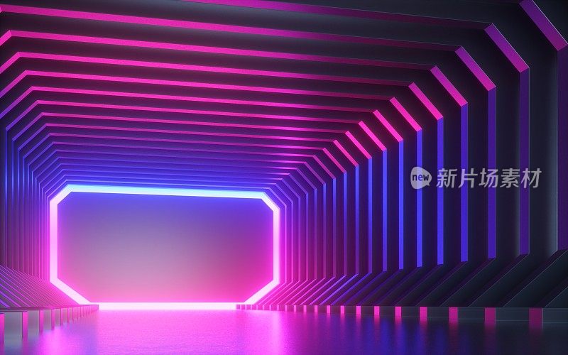3d渲染，抽象霓虹背景，走廊，隧道，虚拟现实屏幕，紫外线光谱，激光秀，时尚讲台，俱乐部舞台，地板反射