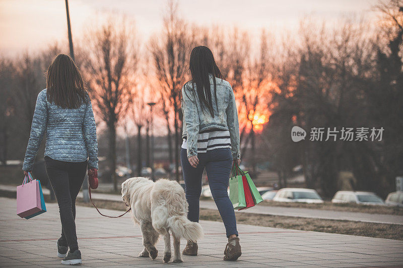 年轻女子提着购物袋牵着狗在散步