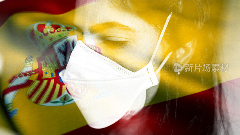 冠状病毒2019-nCov背景概念耐心地戴上西班牙国旗覆盖的防护面具。