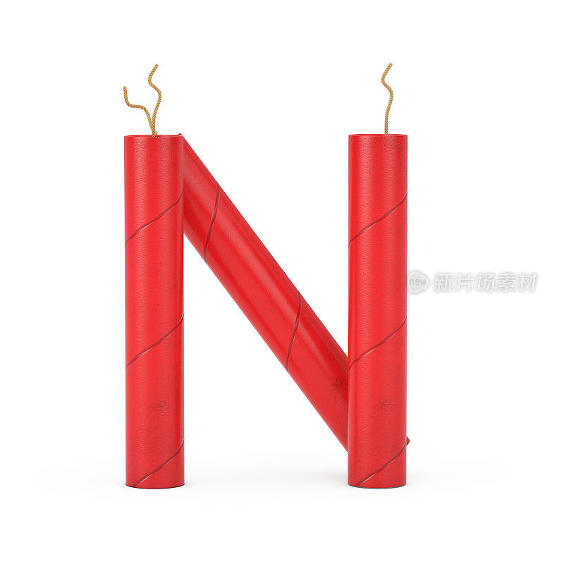 字母N作为炸药棍棒字母表集合。3d渲染