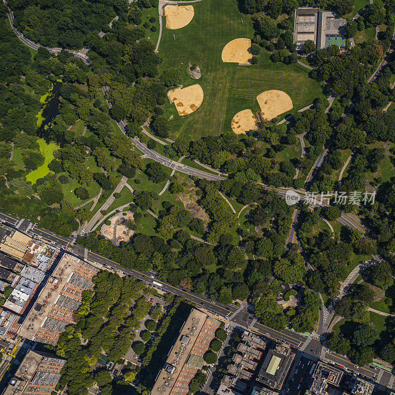 在一个阳光明媚的夏日，从直升机上俯瞰曼哈顿中央公园。