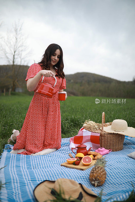 美丽的女人在大自然中喝茶和野餐，共度美好的户外时光