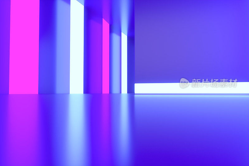 三维空房间，霓虹灯隧道，抽象现代建筑背景